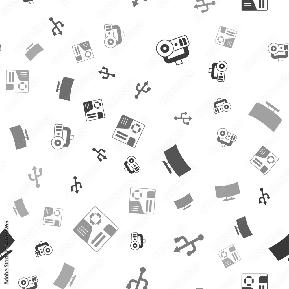 Poster set web camera, usb, computer monitor screen and motherboard digital chip on seamless pattern. vecto