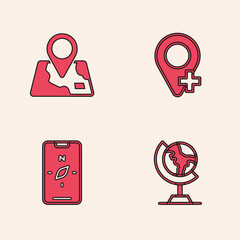 Set Earth globe, Folded map with location marker, Location and Compass mobile icon. Vector