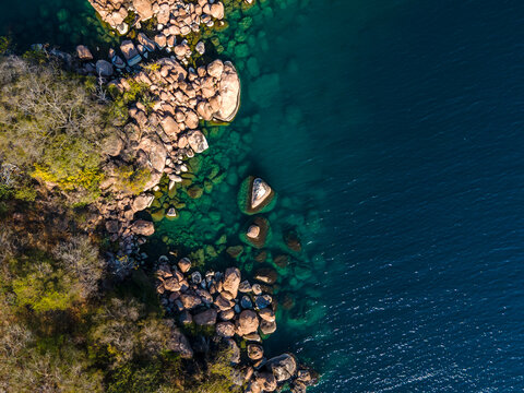 Aerial view of Mumbo Island Lake Malawi National Park, Salima, Malawi, Africa.