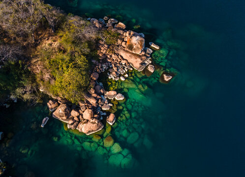 Aerial view of Mumbo Island Lake Malawi National Park, Salima, Malawi, Africa.
