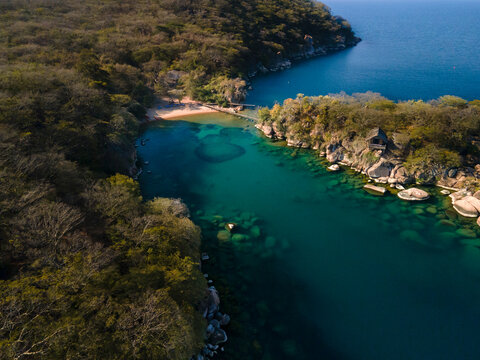 Aerial view of Mumbo Island Lake Malawi National Park, Salima, Malawi, Africa.