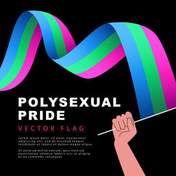 The flag of polysexual pride in the hand of a man. Sexual identification. A colorful logo of one of the LGBT flags. Vector