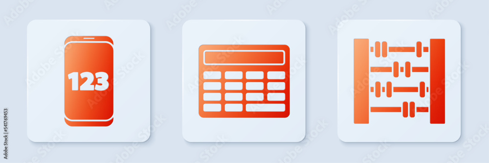 Aufkleber set calculator, mobile calculator interface and abacus. white square button. vector