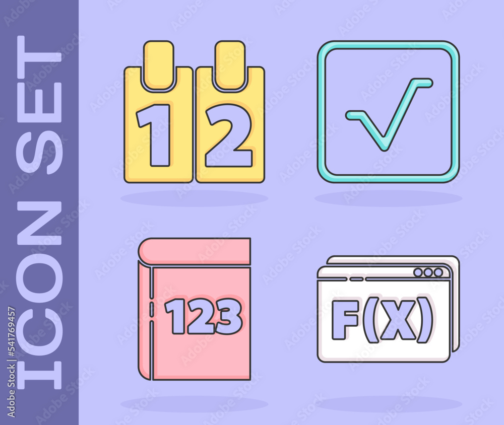 Poster set function mathematical symbol, calendar, book with word mathematics and square root icon. vector