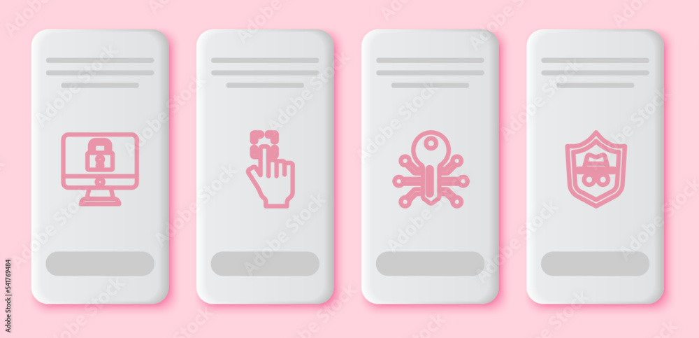 Poster set line lock on monitor, fingerprint, smart key and incognito mode. white rectangle button. vector