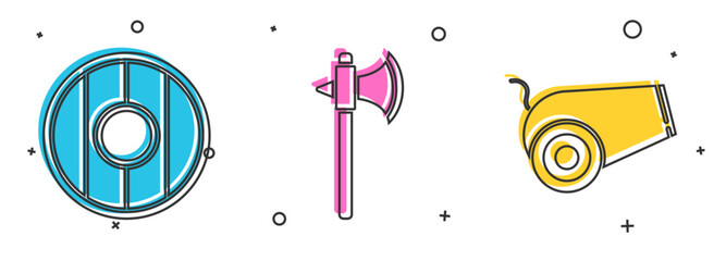 Fototapeta premium Set Round wooden shield, Medieval axe and Cannon icon. Vector
