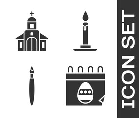 Set Calendar with Easter egg, Church building, Paint brush and Burning candle in candlestick icon. Vector