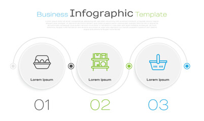 Set line Chicken egg in box, Warehouse interior with boxes and Shopping basket. Business infographic template. Vector