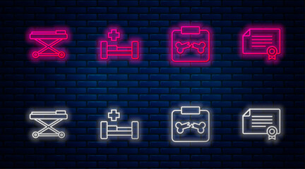 Set line Hospital bed, X-ray shots with broken bone, Stretcher and Certificate template. Glowing neon icon on brick wall. Vector