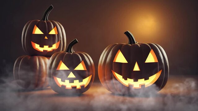 Happy Halloween pumpkin lanterns, jack o lanterns with smoke. Cinemagraph loop animation.