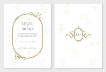 Elegant invitation cards template. Oval frame, monogram in classic style. Graphic design page.