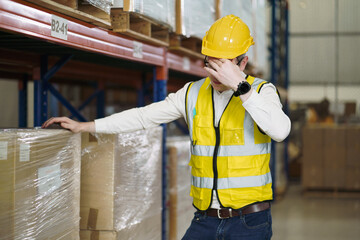 Headache concept of factory worker. Young man looking pain expression. Portrait of young man feeling sick while touching on his forehead while working in the warehouse. Insurance for people on duty.
