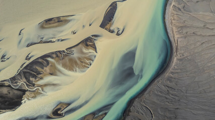 Aerial view of a river estuary near Skyggnisvatn lake, Southern, Iceland.