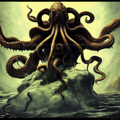 Naklejka premium Monstrous creature with many tentacles sitting on a stone throne in the middle of the sea, made by AI