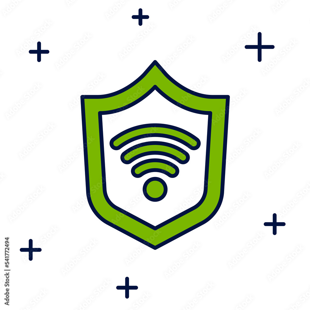 Poster filled outline shield with wifi wireless internet network symbol icon isolated on white background. 