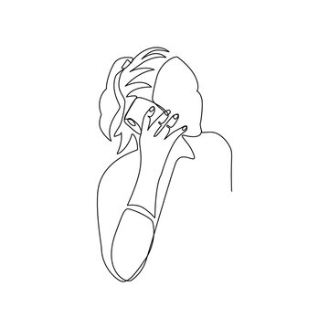 recommend clip art: Vector illustration of a girl talking on the phone drawn in line art style