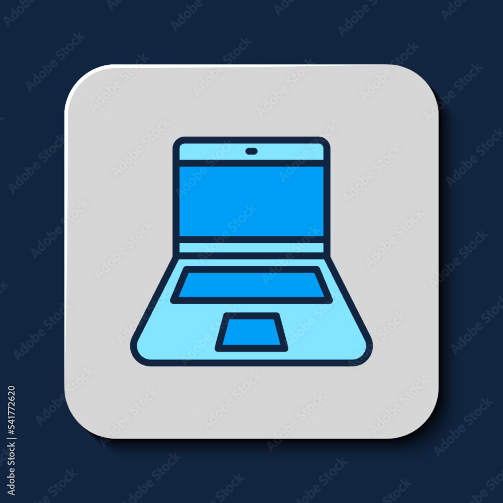 Poster filled outline laptop icon isolated on blue background. computer notebook with empty screen sign. ve