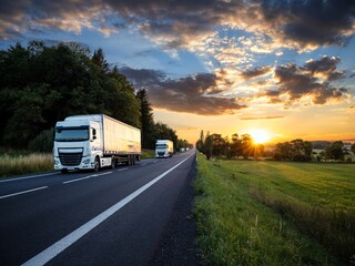 Two white trucks driving on the asphalt road in rural landscape at sunset