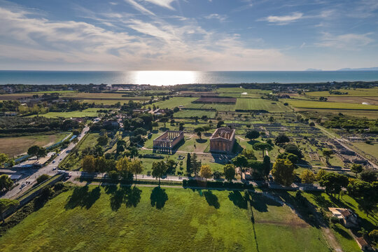 Aerial view of Temple of Hera and Poseidon, an ancient ruined temple and amphitheater in Paestum, Salerno, Campania, Italy.