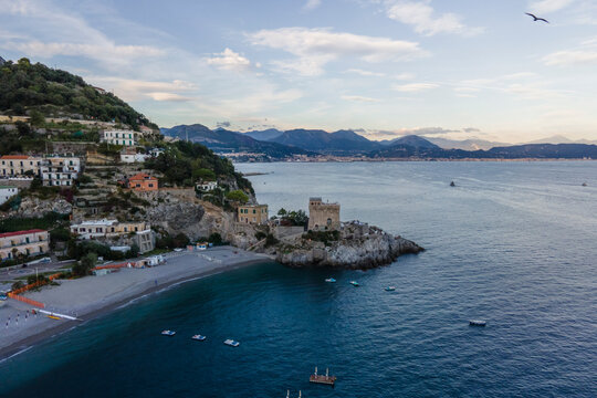 Aerial view of La Ceriola tower in Erchie along the Amalfi Coast, Salerno, Campania, Italy.