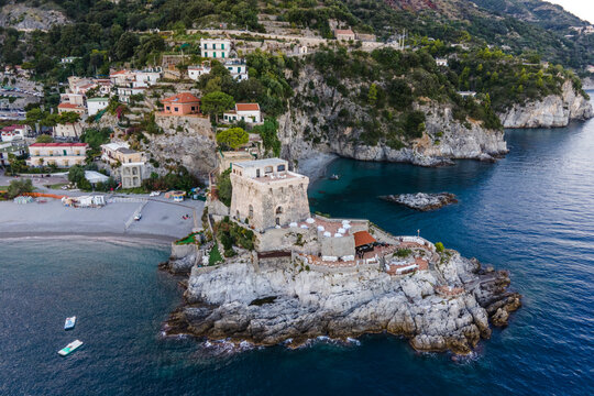 Aerial view of La Ceriola tower in Erchie along the Amalfi Coast, Salerno, Campania, Italy.