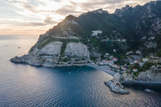 Aerial view of Erchie small town at sunset along the Amalfi Coast, Salerno, Campania, Italy.