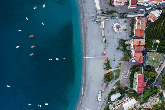 Aerial view of the beach with boats in Erchie, Amalfi Coast, Salerno, Campania, Italy.