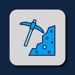 Filled outline Pickaxe icon isolated on blue background. Vector