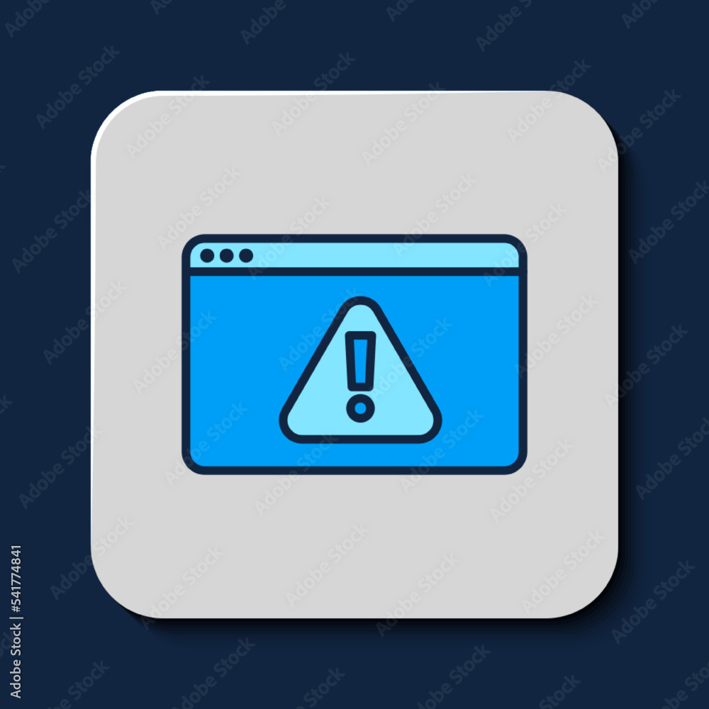 Poster filled outline browser with exclamation mark icon isolated on blue background. alert message smartph