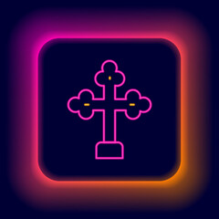 Glowing neon line Christian cross icon isolated on black background. Church cross. Colorful outline concept. Vector