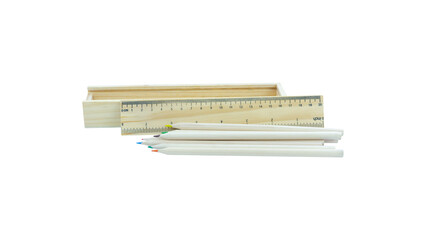 Wooden pencil case box with ruler lid and colour pencils isolated on white background,Office supplies,Crayon,stationary