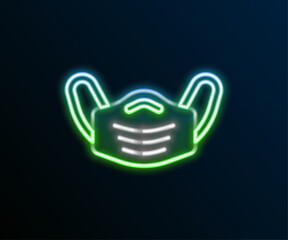 Obraz premium Glowing neon line Medical protective mask icon isolated on black background. Colorful outline concept. Vector