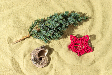 Creative minimal beach concept during the Christmas holidays. Christmas tree on sand.