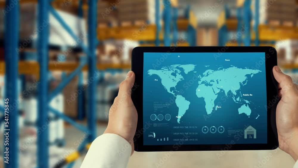 Poster warehouse management deft software in computer for real time monitoring of goods package delivery . 