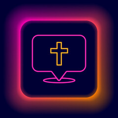 Glowing neon line Map pin church building icon isolated on black background. Christian Church. Religion of church. Colorful outline concept. Vector