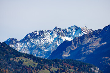 A snow mountain visible from Lake Brienz in Switzerland