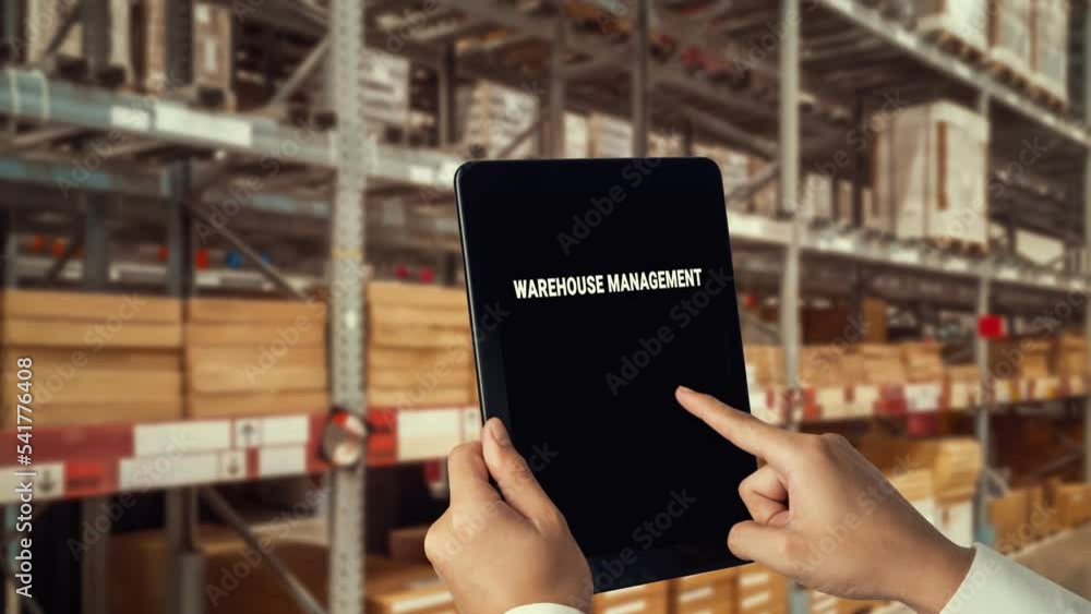 Poster warehouse management deft software in computer for real time monitoring of goods package delivery . 