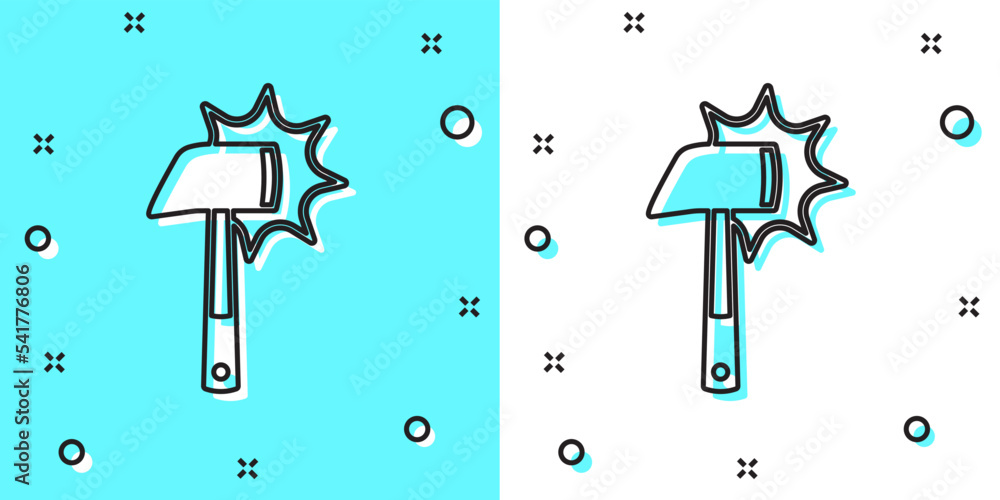 Poster black line firefighter axe icon isolated on green and white background. fire axe. random dynamic sha