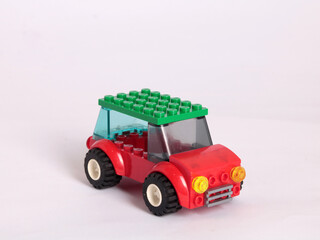 toy car on a white background, children or kid create with creativity idea, made toy car from block