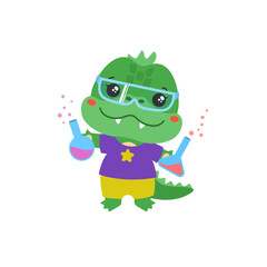 School student animal. Little crocodile holding test bottles. Science school subject vector. Making chemical experiment. Elementary education cartoon dinozaur or dragon. Educational clipart.  © Cute Design