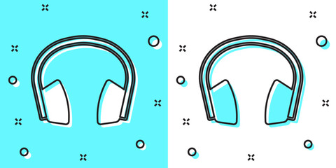 Black line Noise canceling headphones icon isolated on green and white background. Headphones for ear protection from noise. Random dynamic shapes. Vector