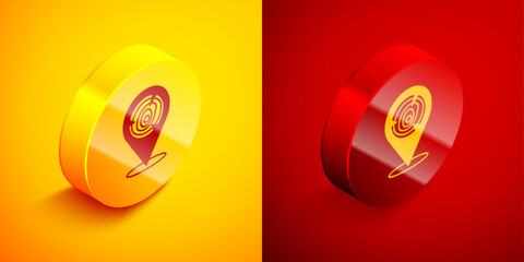 Isometric Wooden logs icon isolated on orange and red background. Stack of firewood. Circle button. Vector