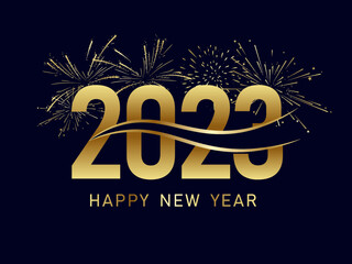 Happy New Year 2023 Text Greeting with Golden Fireworks