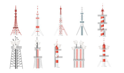 Set of Modern communication tower construction for tv radio network or gsm technology vector illustration isolated on white background