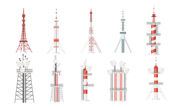 Set of Modern communication tower construction for tv radio network or gsm technology vector illustration isolated on white background