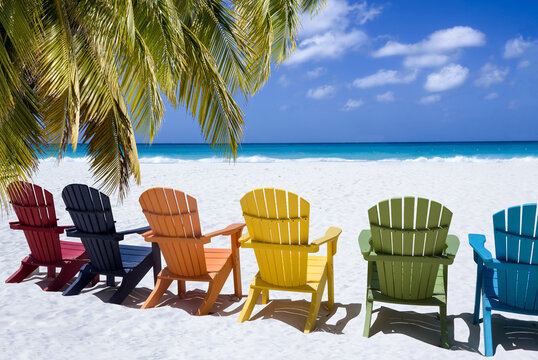 Colored wooden chairs on white sand beach