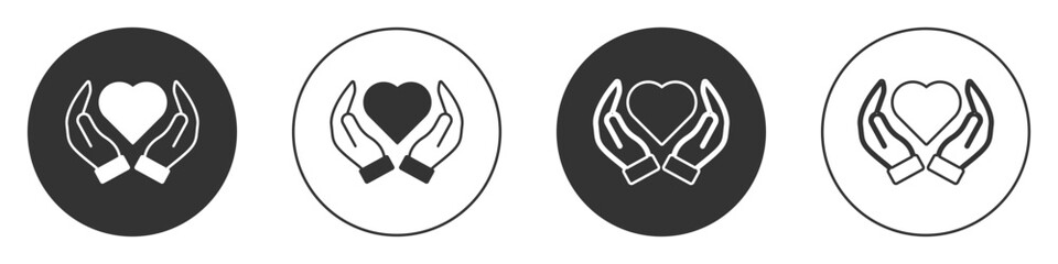 Black Heart in hand icon isolated on white background. Hand giving love symbol. Valentines day symbol. Circle button. Vector