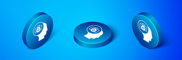 Isometric Photo camera icon isolated on blue background. Foto camera. Digital photography. Blue circle button. Vector