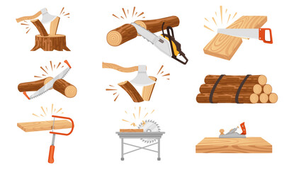 Set of woodworking chopping sawing wooden log on stump with axe and saw vector illustration isolated on white background - obrazy, fototapety, plakaty