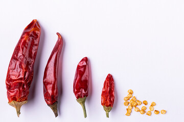 close-up view, hot and dry chili pepper on isolated white background